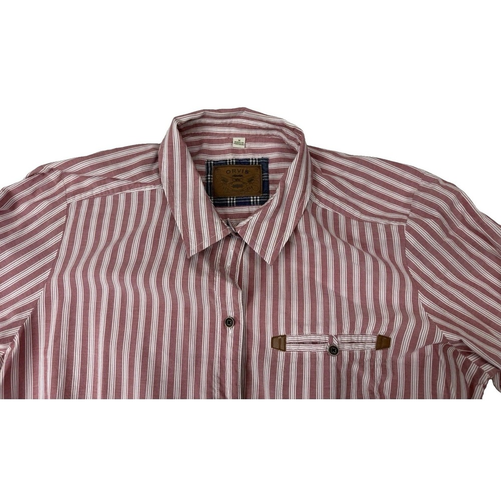 Orvis Women's Medium Dusty Rose Striped Shirt Leather Trim Long Sleeve Button Up - Picture 3 of 9